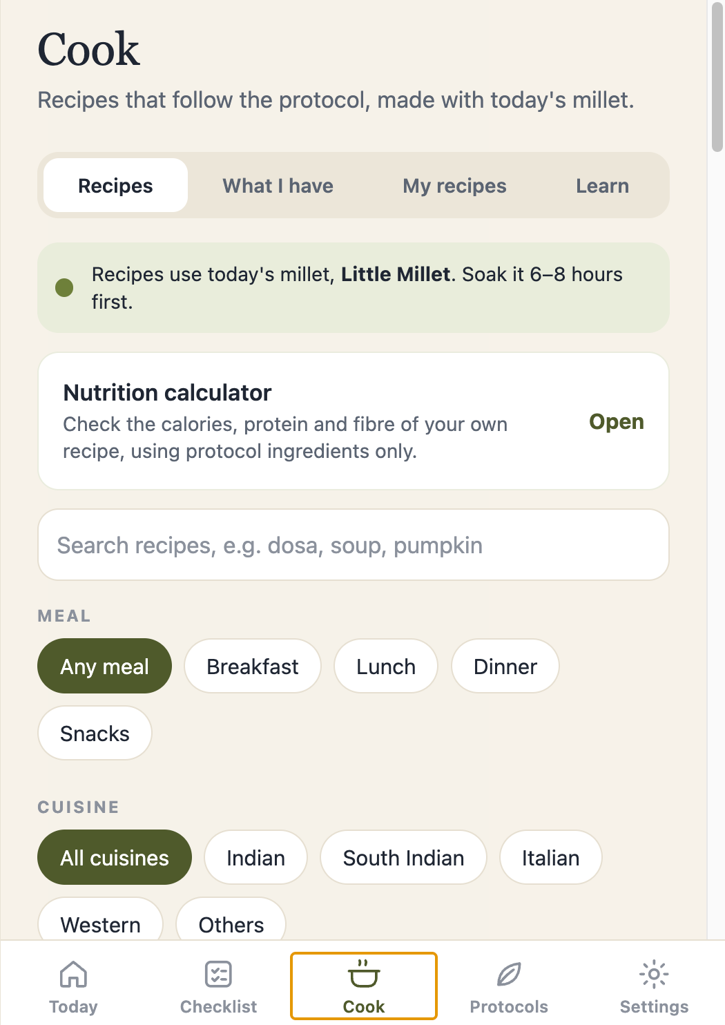 The Millet Protocol cook screen